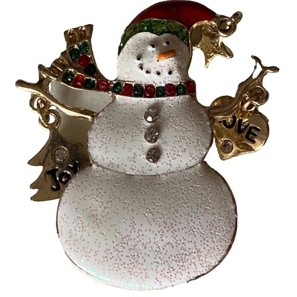 Vintage Snowman Love And Joy Dangles tree heart Rhinestone Brooch Pin - Picture 4 of 4